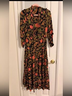 Spell Floral Tiered Maxi Dress in Black, Pink & Olive